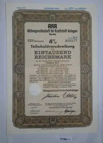 1000 Mark Aktie AKA AG für Kraftstoff Anlagen Dresden Februar 1943 (131881)