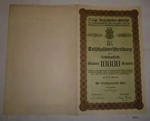 10000 Kronen Schuldverschreibung Anleihe der Stadtgemeinde Linz 1921 (127232)