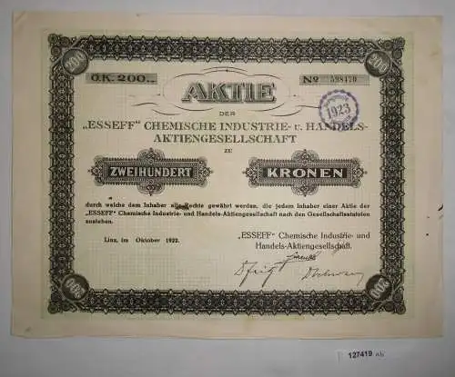 200 Kronen Aktie "Esseff" Chemische Industrie- & Handels AG Linz 1922 (127419)