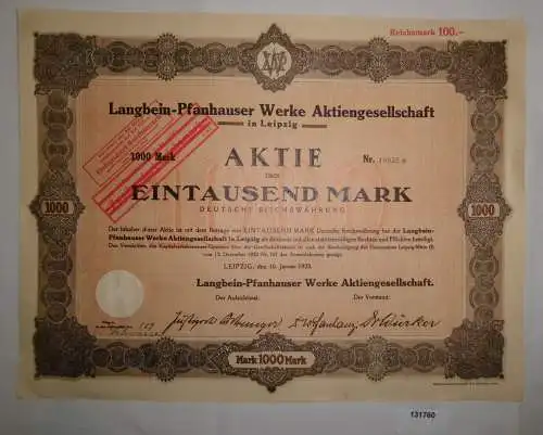 1000 Mark Aktie Langbein-Pfanhauser Werke AG Leipzig 10. Januar 1923 (131760)