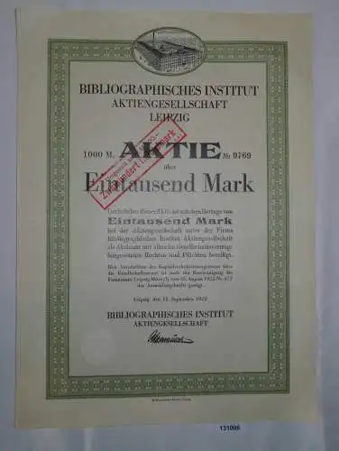 1000 Mark Aktie Bibliographisches Institut AG Leipzig 12.September 1922 (131006)