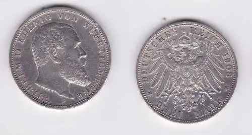 3 Mark Silbermünze Württemberg König Wilhelm II 1909 Jäger 175 (124447)