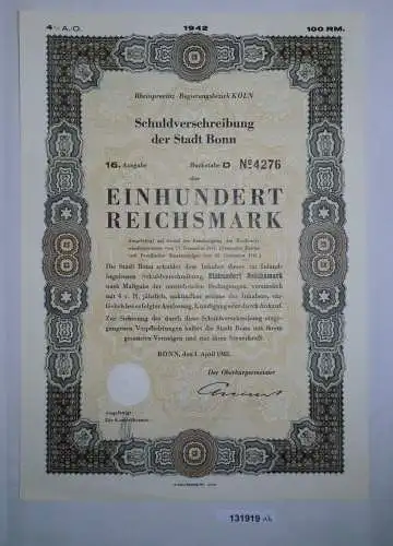 100 RM Schuldverschreibung Stadt Bonn 1. April 1942 (131919)