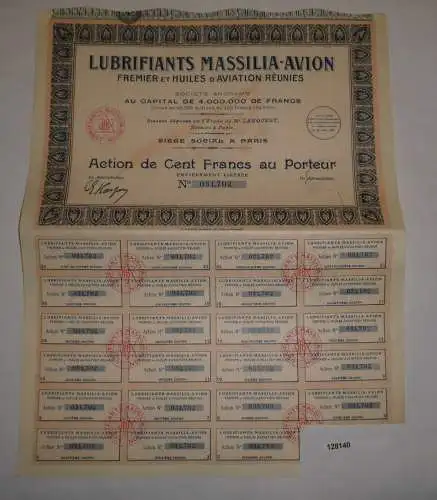 100 Franc Aktie Lubrifiants Massilia-Avion Fremier et Huiles d'Aviation (128140)