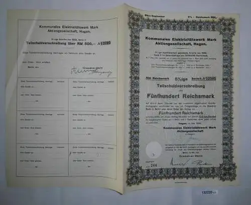 500 Mark Aktie Hagen kommunales Elektrizitätswerk Mai 1939 (132220)