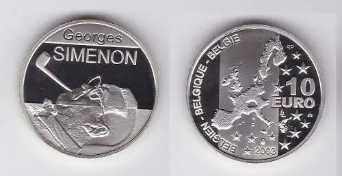 Belgien 10 Euro PP Münze Georges Simenon Silber Gedenkmünze 2003 (132345)