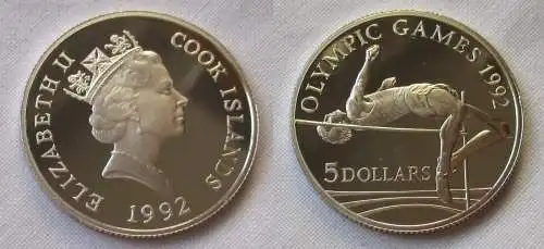5 Dollar Silbermünze Cook Inseln Olympiade Barcelona 1992 Hochspringer (108419)