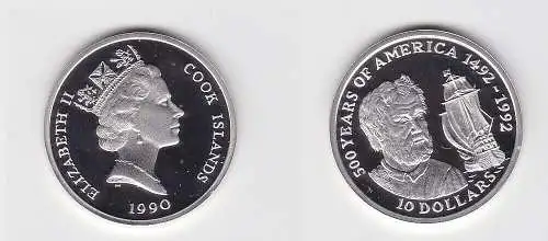 10 Dollar Silbermünze Cook Inseln 1990 500 Jahre Amerika Schiff Kolumbus(111151)