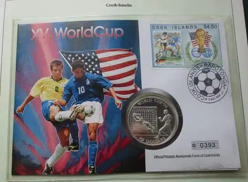 10 Dollar Silbermünze 1992 Cook Islands Numisbrief Fußball WM RAR in PP (124782)