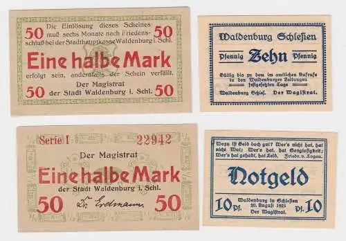 10 Pf.& 1/2 Mark Banknoten Notgeld Stadt Waldenburg Walbrzych 1921 (124825)