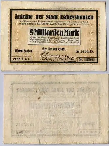 5 Milliarden Mark Banknote Inflation Stadt Eschershausen 24.10.1923 (120781)