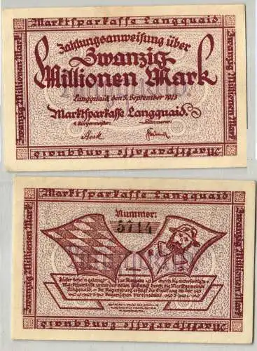 20 Millionen Mark Banknote Inflation Marktsparkasse Langquaid 5.9.1923 (122738)