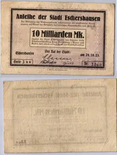 10 Milliarden Mark Banknote Inflation Stadt Eschershausen 24.10.1923 (120686)