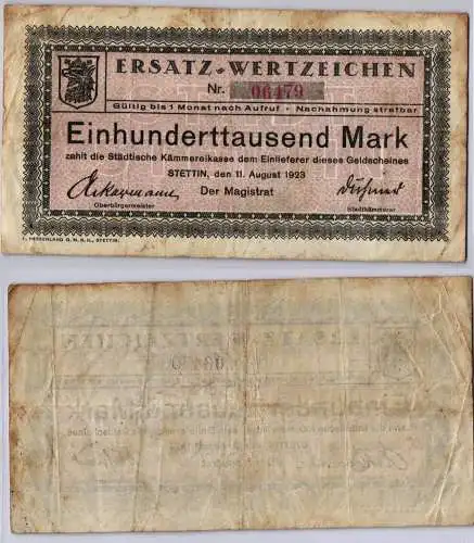100000 Mark Banknote städt.Kämmereikasse Stettin 11.08.1923 (121374)
