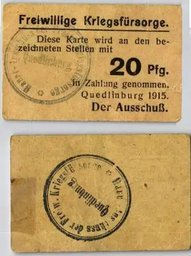 20 Pfennig Banknote Notgeld freiwillige Kriegsfürsorge Quedlinburg 1915 (122788)