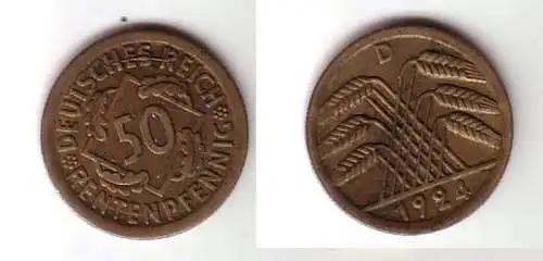 50 Rentenpfennig Messing Münze Weimarer Republik 1924 D Jäger 310 (100211)