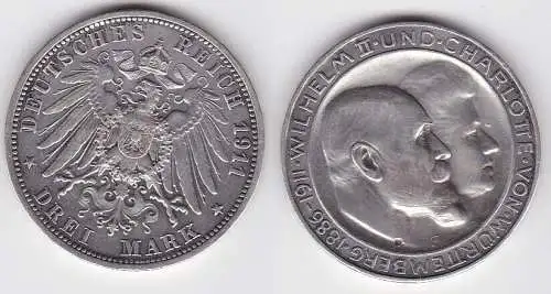 3 Mark Silbermünze Württemberg Silberhochzeit 1911 Jäger 177 a  (112315)