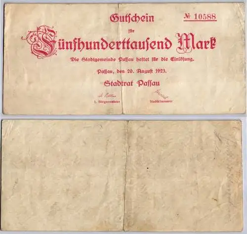 500000 Mark Banknote Inflation Stadt Passau 20.08.1923 (120499)