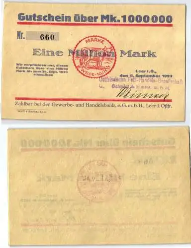 1 Million Mark Banknote Inflation Handelsbank Leer in Ostfr. 6.9.1923 (121454)