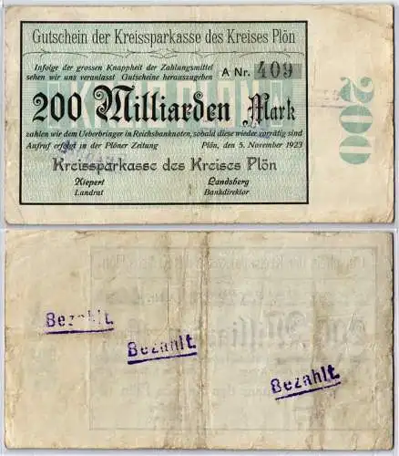 200Milliarden Mark Banknote Inflation Kreissparkasse des Plön 5.11.1923 (120525)