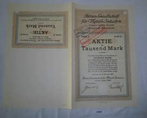 1000 Mark Aktie AG für Metall-Industrie Karlsruhe-Rheinhafen 11.11.1922 (129350)
