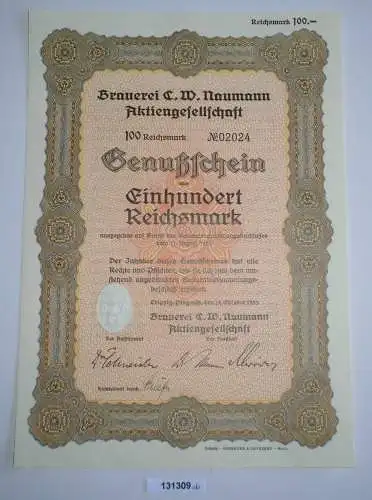 100 RM Genußschein Brauerei C.W. Naumann AG Leipzig-Plagwitz 18.10.1933 (131309)