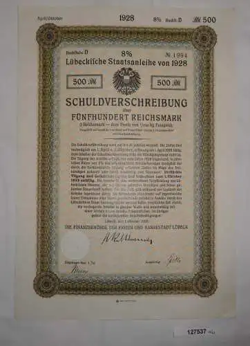 500 Reichsmark Schuldverschreibung Lübeckische Staatsanleihe Okt. 1928 (127537)