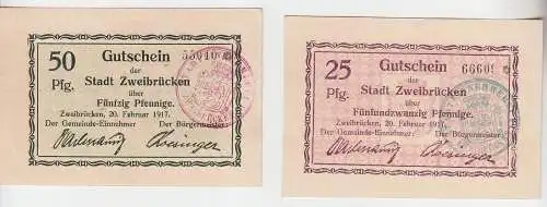 25 und 50 Pfennig Banknoten Notgeld Stadt Zweibrücken 1917 (102683)