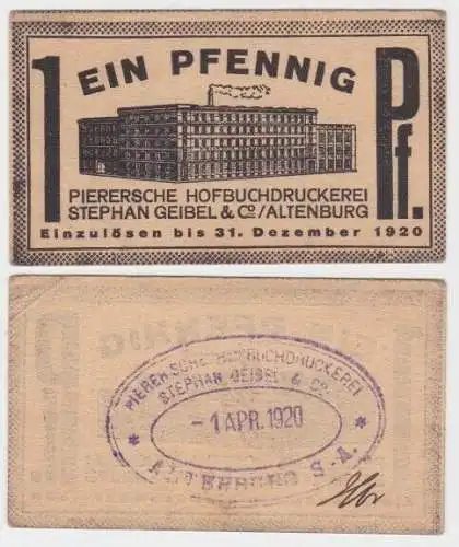 1 Pfennig Banknote Notgeld Pierersche Hofbuchdruckerei Altenburg (140810)