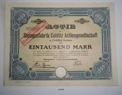 1000 Mark Aktie Steingutfabrik Colditz AG 24. April 1923 (131474)