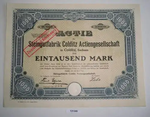 1000 Mark Aktie Steingutfabrik Colditz AG 24. April 1923 (131345)