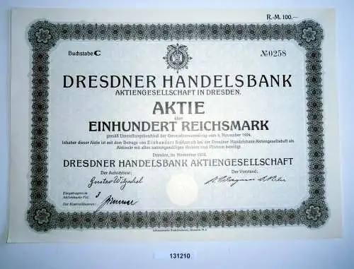 100 Reichsmark Aktie Dresdner Handelsbank AG in Dresden November 1924 (131210)