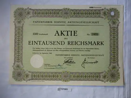 1000 Reichsmark Aktie Papierfabrik Sebnitz AG September 1942 (121501)