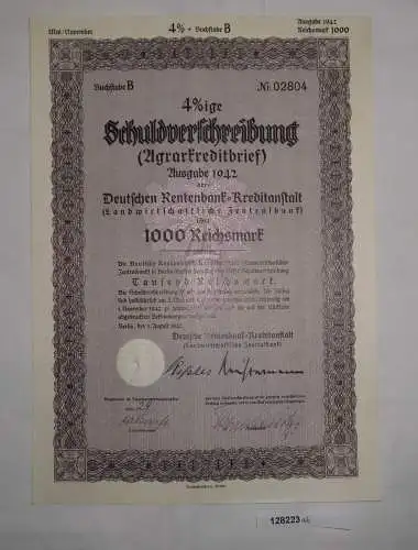 1000 Reichsmark Schuldverschreibung Agrarkreditbrief Berlin 1.8.1942 (128223)