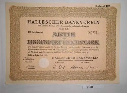 100 Reichsmark Aktie Hallescher Bankverein Halle Saale Mai 1938 (129034)