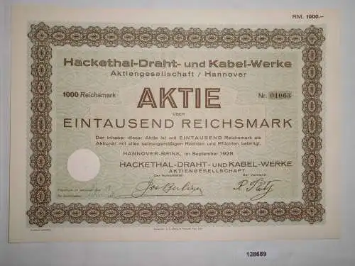 1000 Reichsmark Aktie Hackethal-Draht- und Kabel-Werke AG Hannover 1928 (128689)