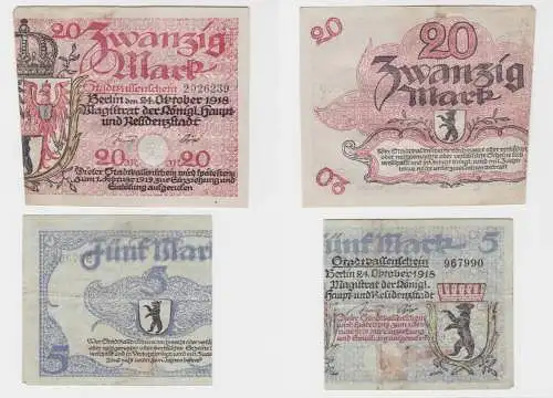 5 und 20 Mark Mark Banknoten Stadtkassenschein Berlin 24.Oktober 1918 (137703)