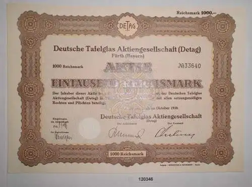 1000 Reichsmark Aktie Deutsche Tafelglas AG (Detag) Fürth Oktober 1938 (120346)