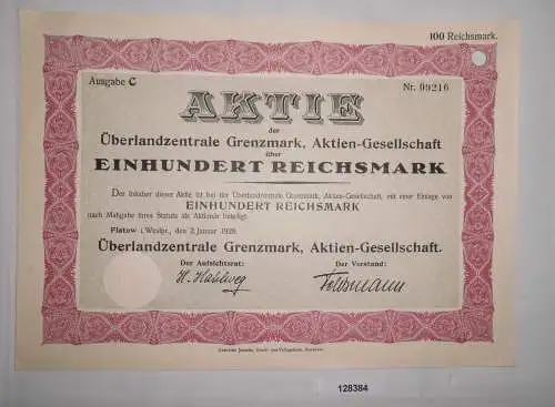100 Reichsmark Aktie Überlandzentrale Grenzmark AG Flatow 2. Jan. 1928 (128384)