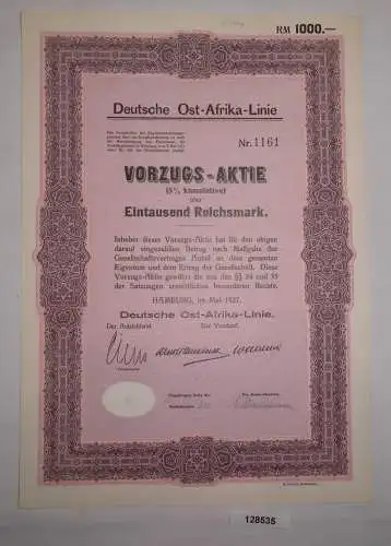 1000 Reichsmark Aktie Deutsche Ost-Afrika-Linie Hamburg Mai 1927 (128535)