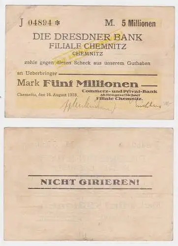 5 Millionen Mark Banknote Chemnitz Dresdner Bank 16.August 1923 (130293)