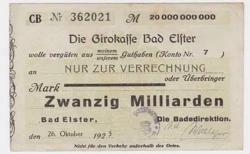 20 Milliarden Mark Banknote Girokasse Badedirek. Bad Elster 26.10.1923 (130770)