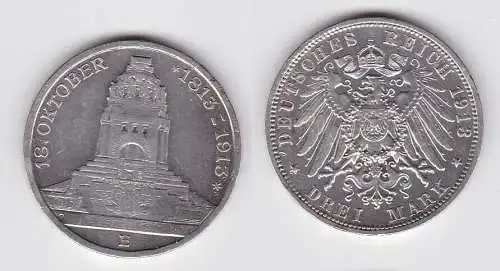 3 Mark Silber Münze Sachsen Völkerschlachtdenkmal Leipzig 1913 ss+ (150614)