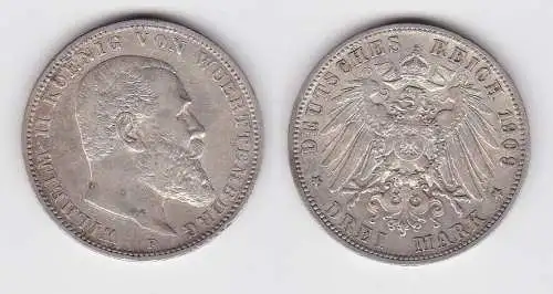 3 Mark Silber Münze Wilhelm II König von Württemberg 1909 (150535)