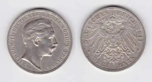3 Mark Silbermünze Preussen Kaiser Wilhelm II 1911 A Jäger 103 ss (150468)