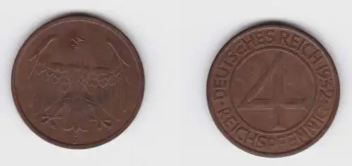 4 Pfennig Kupfer Münze Deutsches Reich 1932 J f.vz (150379)