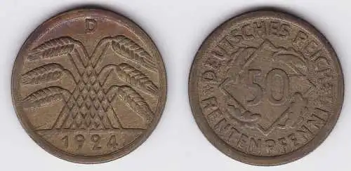 50 Rentenpfennig Messing Münze Weimarer Republik 1924 D Jäger 310 (150326)