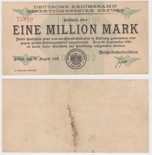 1 Million Mark Banknote Reichsbahndirektion Erfurt 12.8.1923  (144512)