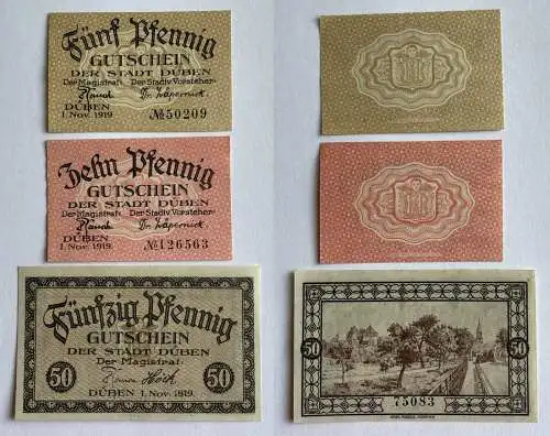 5, 10 & 50 Pfennig Banknoten Notgeld Stadt Düben 1.11.1919 (140459)