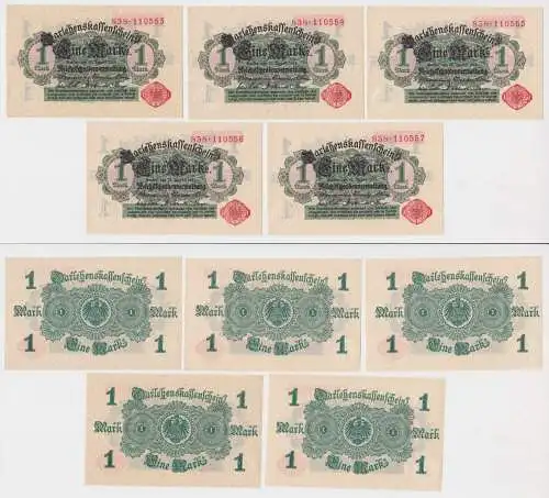 5 x 1 Mark Darlehnskassenschein 12.8.1914 mit fortlaufender Nummer UNC (144728)